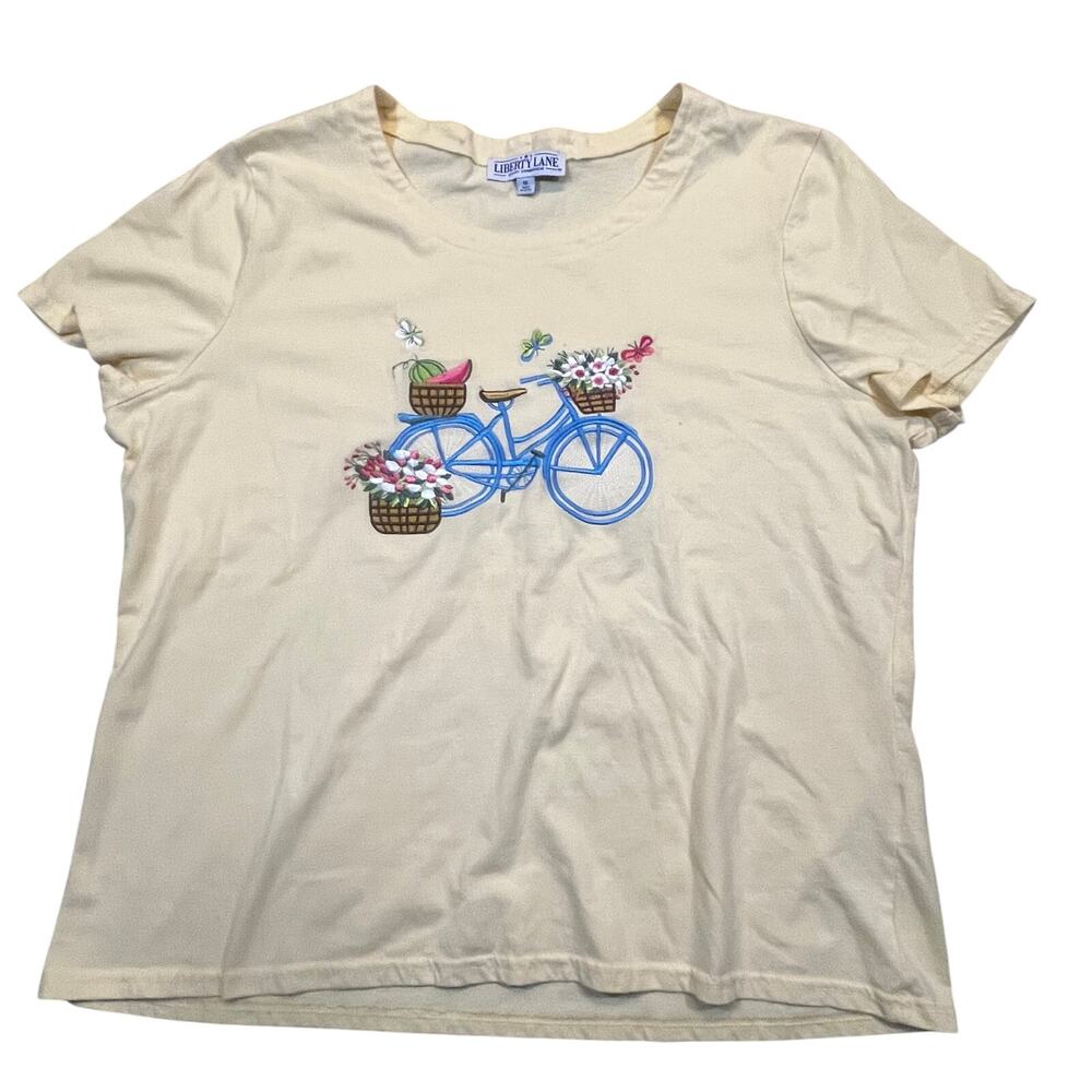 Vintage Liberty Lane Floral Bicycle T Shirt Cottagecore Yellow Embroidered‎ 1X